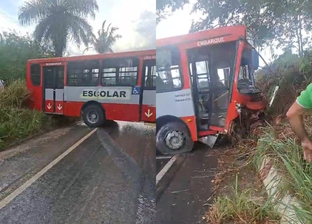 Ônibus escolar derrapa após pneu estourar e bloqueia rodovia PI-130, em Nazária