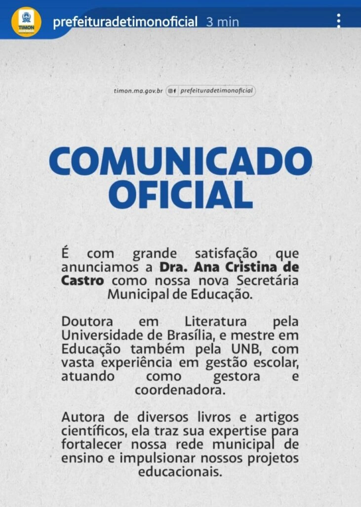 Prefeitura de Timon anuncia a nova secretária de educação
