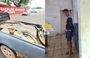 Jovem é preso em flagrante com 55 galões de combustível desviados em Teresina (Foto: Divulgação/DEOP) Jovem é preso em flagrante com 55 galões de combustível desviados em Teresina (Foto: Divulgação/DEOP)