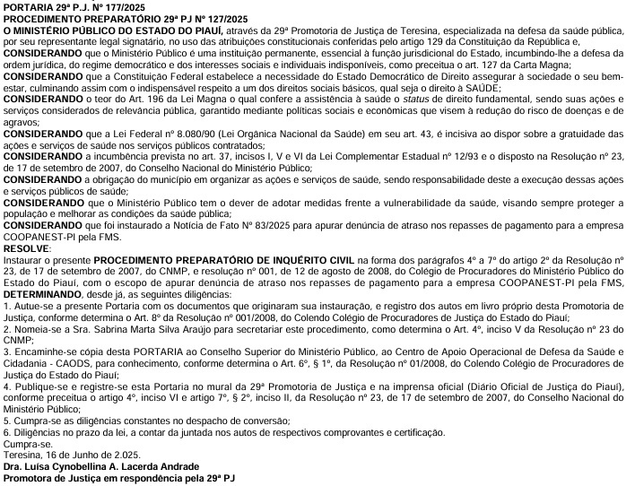 Ministério Público do Piauí apura suposto atraso de repasses da FMS à COOPANEST-PI