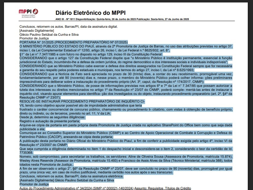 MP investiga irregularidade em concurso público realizado em Barras
