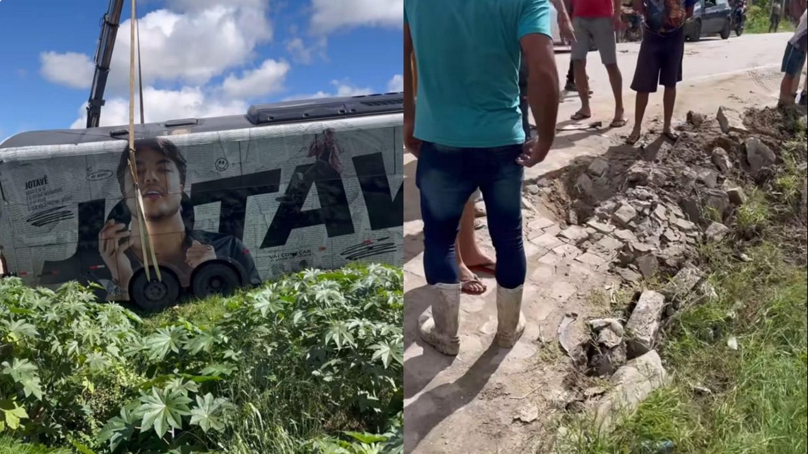Ônibus de cantor piauiense fica preso em vala e quase tomba em Pernambuco