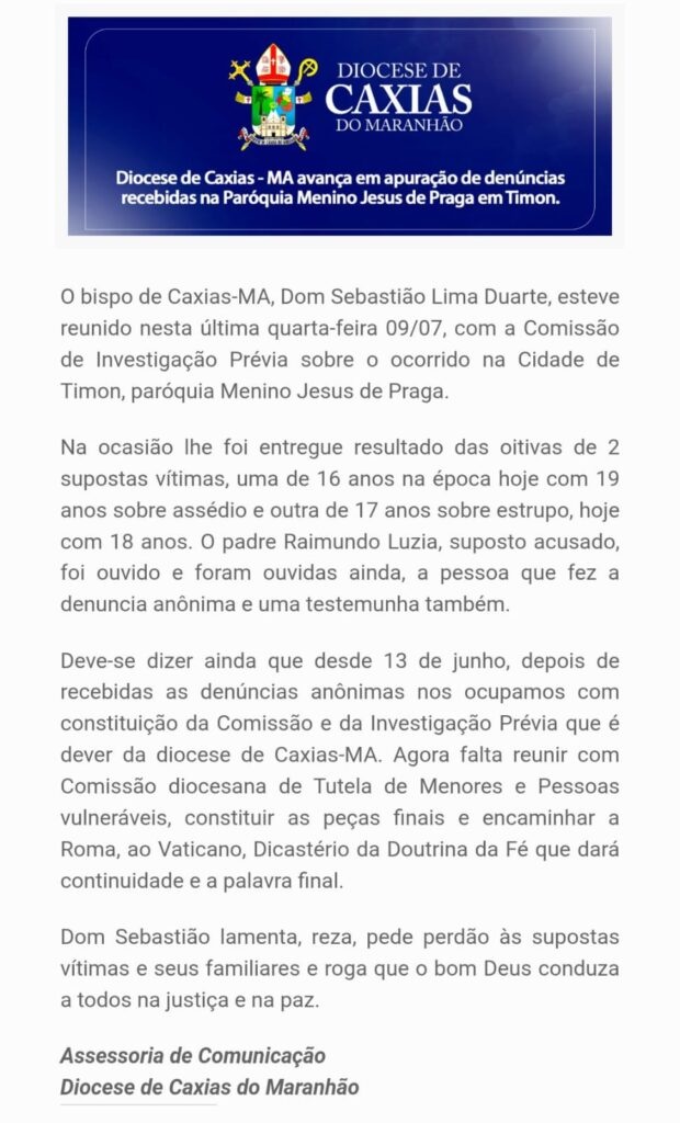 Acusado de abuso sexual a menores, padre Raimundo Luzia foi ouvido em Caxias