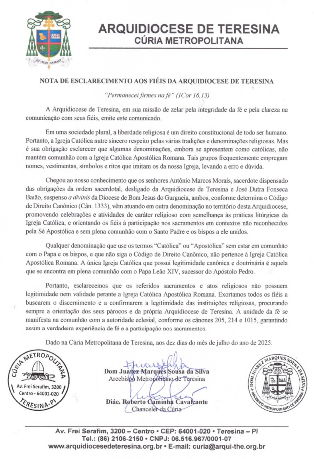 Arquidiocese de Teresina alerta fiéis sobre falsas celebrações religiosas realizadas por ex-sacerdotes