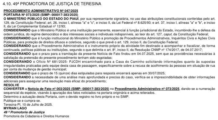 Denúncia de recusa de suporte a pessoas em situação de rua em Teresina é apurada