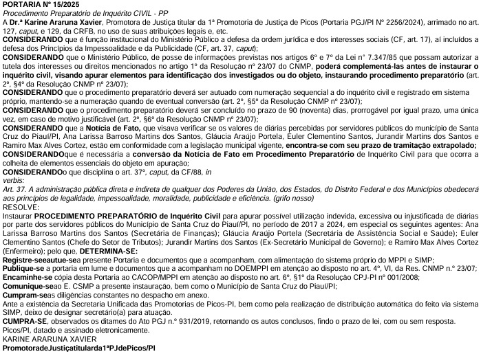 Pagamento irregular de diárias a servidores é alvo de denúncia em Santa Cruz do PI