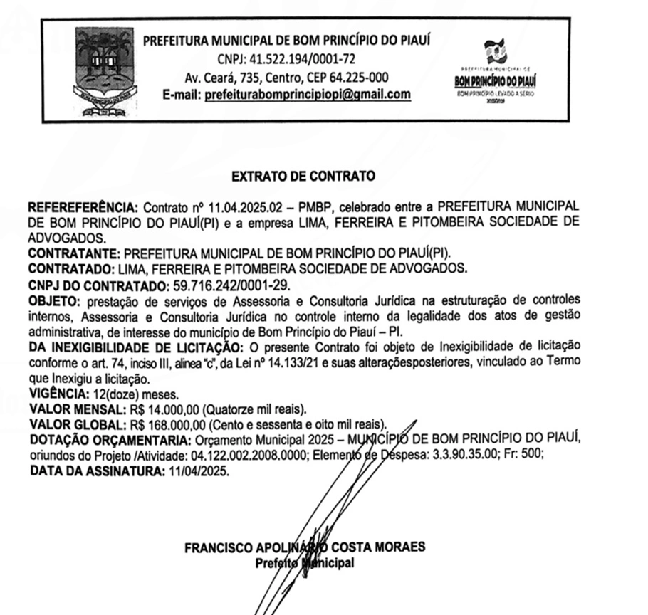 Prefeito de Bom Princípio do Piauí firma contrato de R$ 168 mil com escritório de advocacia sem licitação