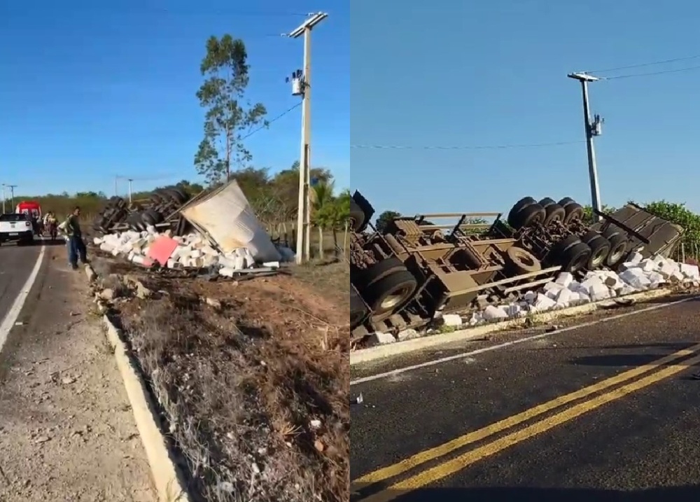 Caminhão tomba na PI-301, em Cocal; motorista é socorrido com ferimentos leves