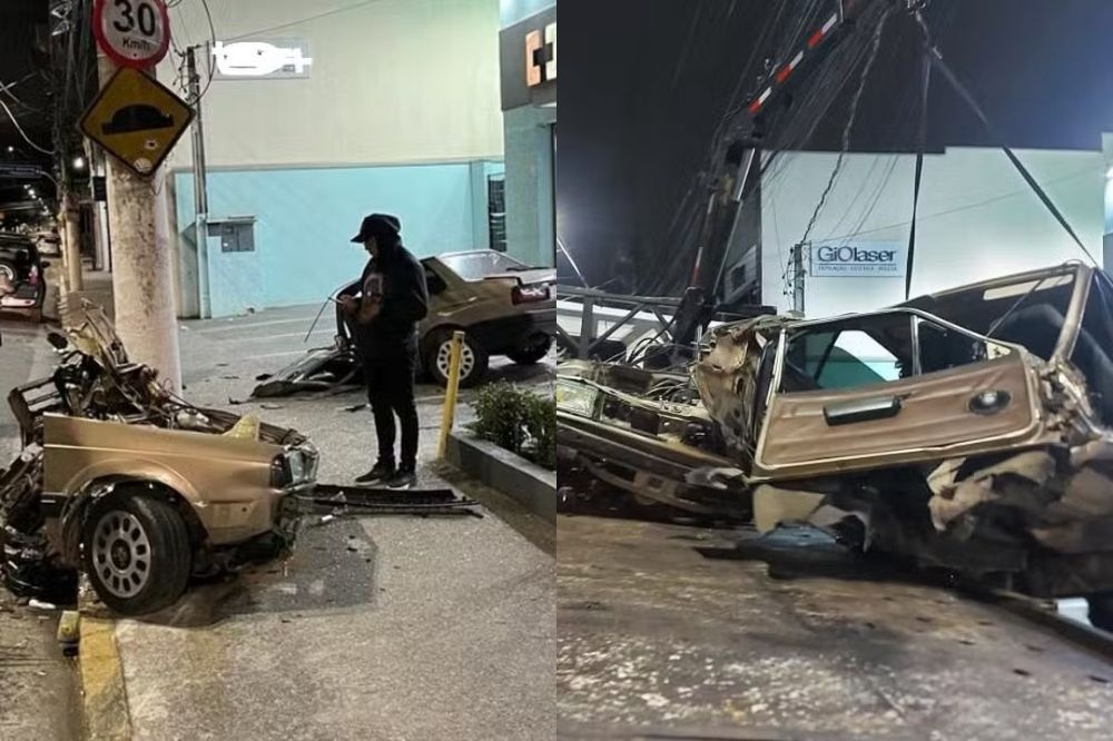 Carro parte ao meio em acidente em São Paulo; motorista e passageiro saem ilesos