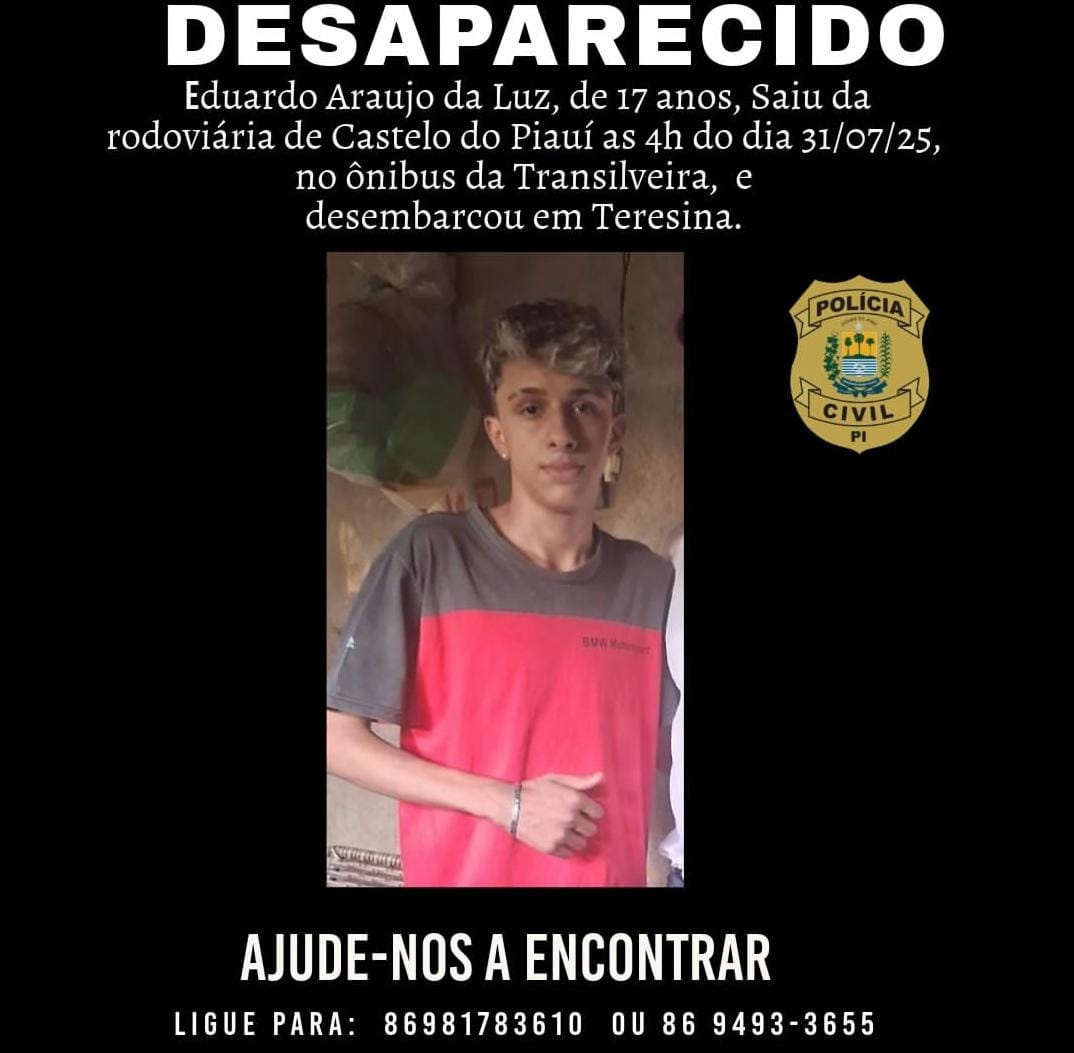 Polícia Civil do Piauí Investiga Desaparecimento de Jovem de Castelo do Piauí Após Viagem a Teresina