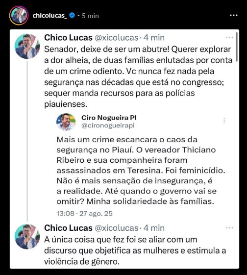 Publicação do secretário Chico Lucas no X.
