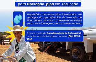 Assunção do Piauí inicia credenciamento de carros-pipa para enfrentamento da seca (Foto: Divulgação) Assunção do Piauí inicia credenciamento de carros-pipa para enfrentamento da seca (Foto: Divulgação)