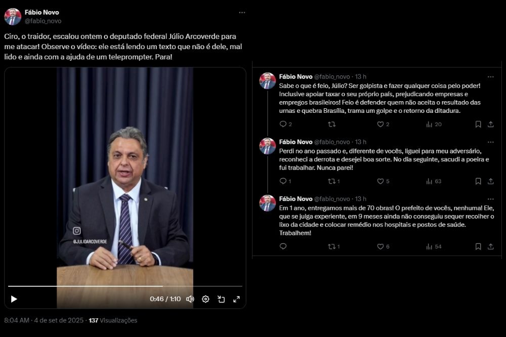 Fábio Novo responde a ataques de Júlio Arcoverde e cobra resultados concretos