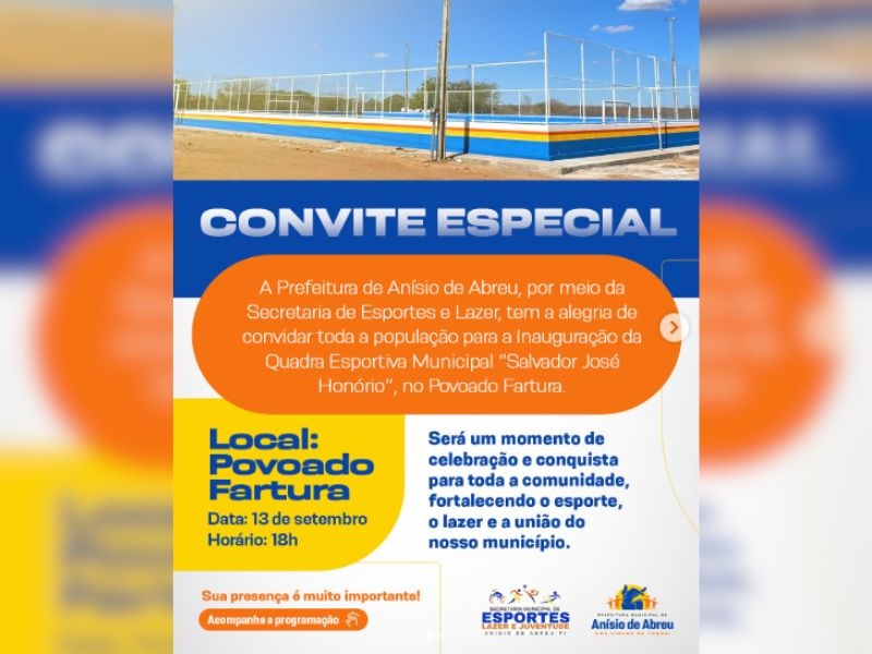 Prefeitura de Anísio de Abreu vai inaugurar nova quadra esportiva