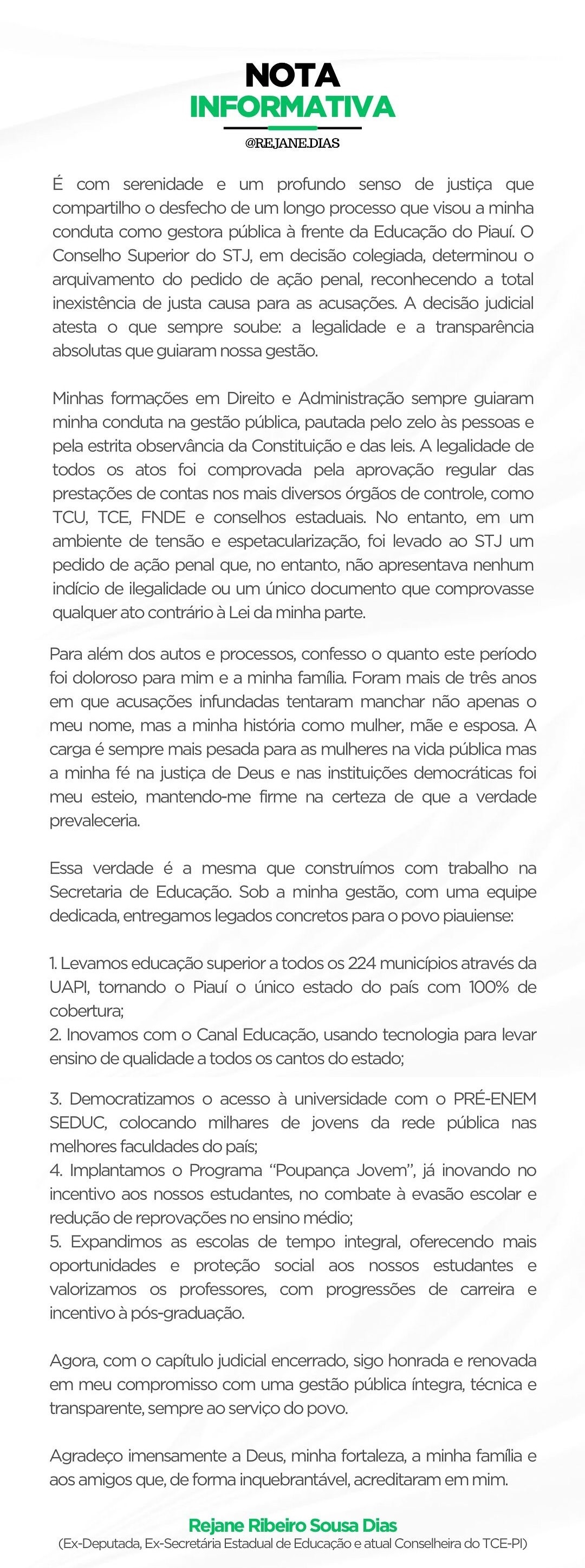 Superior Tribunal de Justiça arquiva processo contra Rejane Dias